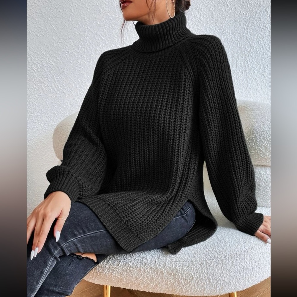 NWT Black Turtleneck Split Hem Sweater